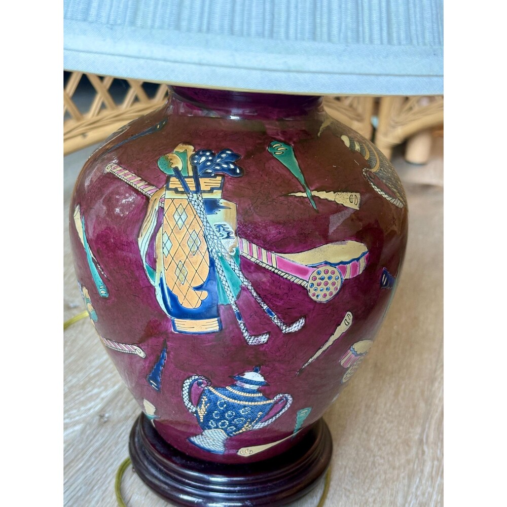 Vintage Golf Table Lamps Pair Burgundy Ceramic Golfer Lamp Country Club Decor - Picture 5 of 14